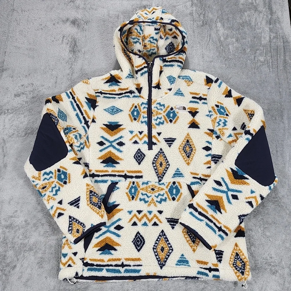 The North Face Hoodie Mens Large White Aztec Sherpa Fleece 1/4 Zip Pullover